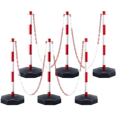 Imagen de VEVOR Poste de Tráfico 6 Piezas Límite con Base Rellenable Cono Altura Ajustable Cadena Larga 2 m para Control Sitio Construcción Estacionamiento, Rojo y Blanco