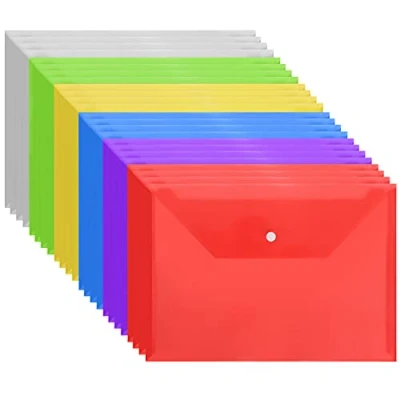 Imagen de Belle Vous Pack de 24 Carpetas Plastico A4 Transparente Carpeta Portadocumentos Colores Variados con Cierre Botón Hogar, Oficina y Escuela, Papelería, Documentos, Certificados, Recibos