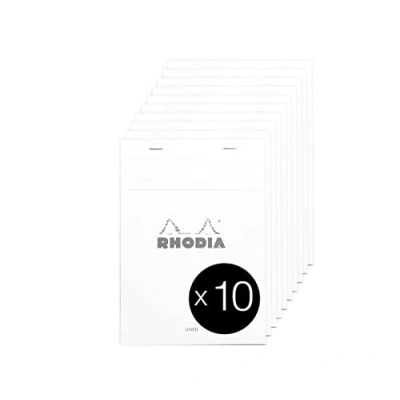 Imagen de RHODIA 16601C Bloc Notes Agrafé N16 White A5 Ligné 80 Feuilles Détachables Papier Clairefontaine Blanc g/m² Couverture en Carte Enduite Paquet de 10 blocs
