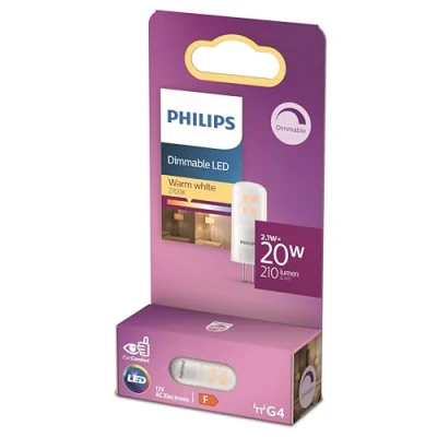 Imagen de Philips LED Bombilla estándar, sustituye a las halógenas de 20 W, casquillo G4, luz blanca cálida 2700 K, regulable