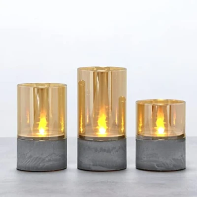 Imagen de Fanna 3 Velas led efecto llama de vidrio dorado con temporizador, a pilas para Navidad, Faroles Cilíndricos decorativas Alturas 10/12,5/15cm