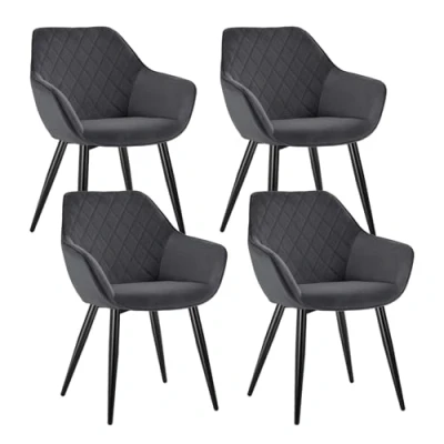 Imagen de WOLTU Sillas de Comedor Pack 4, Cocina Tapizadas en Terciopelo, Ergonómicas con Respaldo y Brazos para Salón Dormitorio, Estilo Nórdico, Patas Metal, Gris Oscuro, BH153dgr 4