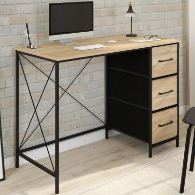 Imagen de UTAH Escritorio de tela 3 cajones en madera y negro, diseño industrial