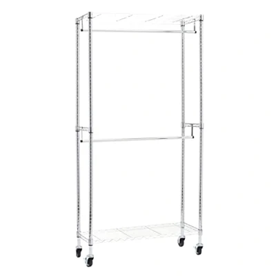 Imagen de Amazon Basics Perchero de ropa doble barra con ruedas, 91 x 35,5 183 cm (largo ancho alto), Cromo