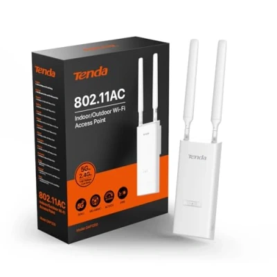 Imagen de Tenda OAP1200 AC1200 Punto de Acceso Inalámbrico Gigabit para Exteriores, Doble Banda, Soporta PoE 802.3at/PoE Pasivo, Montaje en Pared/Poste, IP65 Resistente al Agua, MU MIMO, Modos Ap/Repetidor