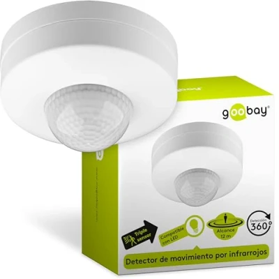 Imagen de Goobay 96007 Detector de movimiento infrarrojo techo sensor PIR triple montaje en superficie Campo visión 360 Alcance 6 m para uso interiores (IP20) apto LEDs IDA
