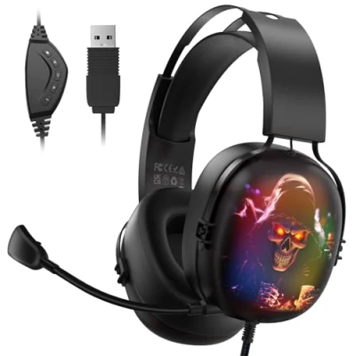 Imagen de Cascos Gaming PS5, Auriculares con Cable, PS5 para PC, Portátil, USB Cable De Micrófono, Juegos Luz RGB Consola PS4/PS5