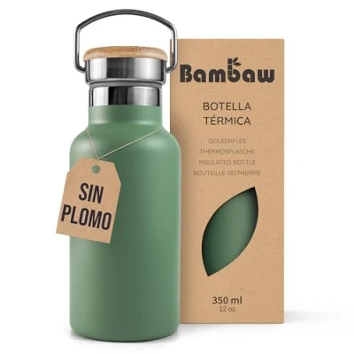 Imagen de Bambaw Botella térmica 350 ml, agua verde, acero inoxidable niños, niño, de deportiva Verde salvia