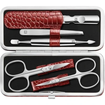 Imagen de ZWILLING Set de manicura (5 piezas, para el cuidado las uñas manos y pies, estuche piel auténtica con marco metálico), acero inoxidable pulido, edición cocodrilo, rojo