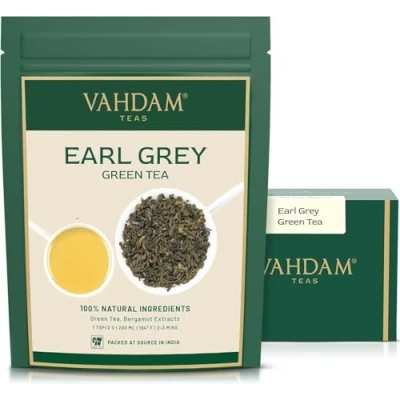 Imagen de VAHDAM, Hojas Sueltas De Té Verde Earl Grey (50 Tazas) Con Puro Brew Como Caliente O Helado 100gr