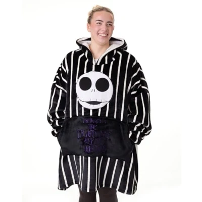 Imagen de Disney The Nightmare Before Christmas Sudadera con capucha de manta unisex Jersey rayas para adulto en negro el personaje Jack Skellington Loungewear y forro sherpa
