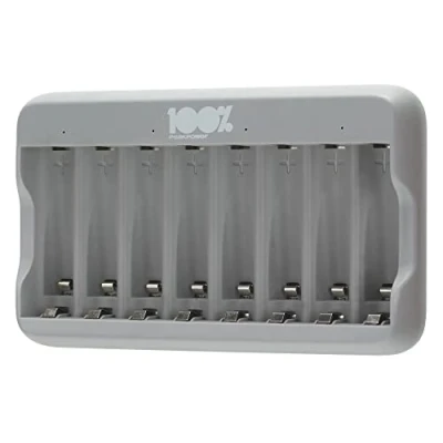 Imagen de 100% PeakPower Cargador de batería AA AAA con 8 Ranuras Carga, NiMH USB, protección contra sobrecarga y Temporizador Seguridad