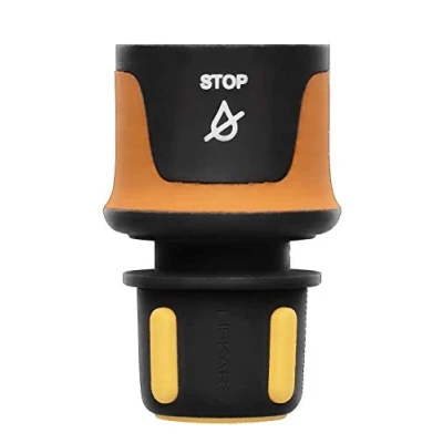 Imagen de Fiskars Conector de manguera, Tamaño universal, Ø 9 mm (3/8&quot;), Puntos contacto SoftGrip, 30 g, Negro/Naranja/Amarillo, STOP, 1027078