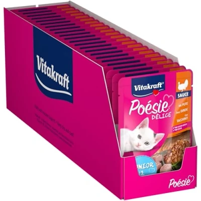 Imagen de Vitakraft Poésie Délice, Junior, Comida húmeda para Gatos en sobre, pechuga de Pavo Salsa, alimento húmedo Gatitos nutricionalmente equilibrada, sin azúcares añadidos, Multipack (23x 85g)
