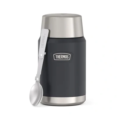 Imagen de Thermos ICON Food Jar 0,71 L, gris oscuro/grafito, 710 ml, doble pared, acero inoxidable 18/8, mantiene el calor y frío, con cuchara plegable, base antideslizante, totalmente hermética