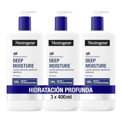 Imagen de Neutrogena Fórmula Noruega Hidratación Profunda Loción corporal de Absorción Inmediata (3x400 ml), crema hidratante con tecnología Pro Ceramida y Glicerina