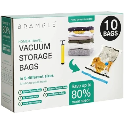 Imagen de BRAMBLE 10 Bolsas de Almacenamiento al Vacío 5 Tamaños (XXL, XL, L, M + Viaje) 80% Más Espacio Ropa, Edredones, Almohadas y Mantas Bomba Succión Incluida