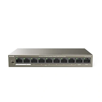 Imagen de Tenda TEF1110P 8 63W PoE Switch Ethernet, 10 Puertos 10/100 Mbps, QoS, One Key VLAN, PoE, 2 (Uplink&amp;NVR), 63W, No Se Requiere Configuración, Caja de Metal