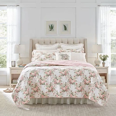 Imagen de Laura Ashley Juego de Ropa Cama Reversible algodón, decoración del hogar para Todas Las Estaciones, Color Rosa Joyce, Blanco, Individual