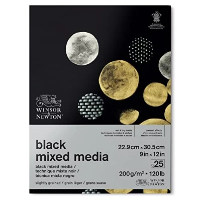 Imagen de Winsor &amp; Newton Bloc de papel negro para Mixed Media, 23x31cm, 200g, (25 hojas, 100% libre ácido, calidad archivo, adecuado técnicas pintura húmeda y seca)