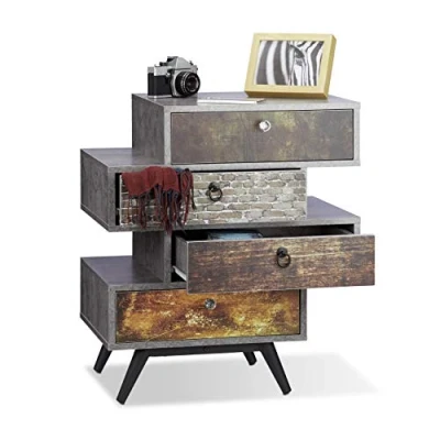 Imagen de Relaxdays Cómoda Vintage con 4 Cajones, MDF y Hierro, Gris, 68x60x40 cm, 40x60x68.5 cm