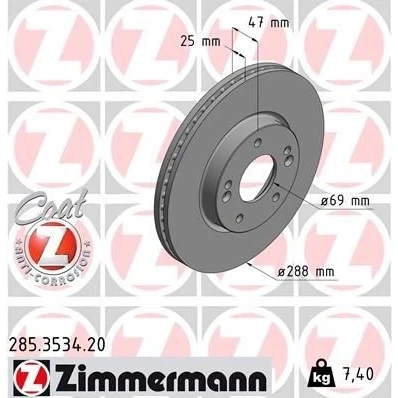 Imagen de ZIMMERMANN 285.3534.20 Disco de freno 288 25 7/5 5 114 ventilación interna revestido HYUNDAI: i30 III Hatchback, Familiar