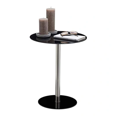Imagen de Relaxdays Mesa Auxiliar Redonda, Cristal Acero Inoxidable, Negro, 53 X 43 Cm