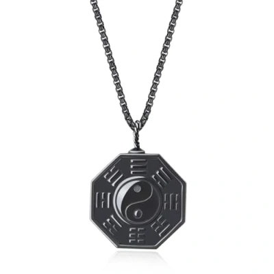 Imagen de COAI Collar de Acero Inoxidable con Colgante Octogonal Ocho Trigramas Taiji Obsidiana Negra Piedra Natural Hombre