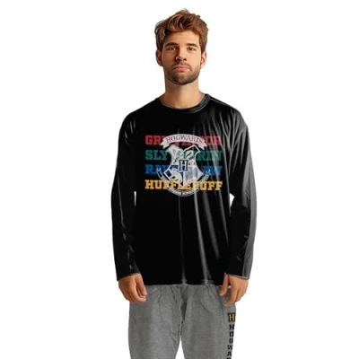 Imagen de Harry Potter pijama para hombre Hogwarts Conjunto de manga larga con pantalón gris/negro, Beige/rojo, XXL