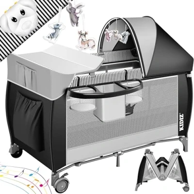 Imagen de Kidiz® Cuna de viaje 3 en 1, juego cama bebé con cambiador, mosquitera, parque infantil, desde el nacimiento hasta 15 kg, paredes laterales ventiladas entrada lateral, bolsa transporte
