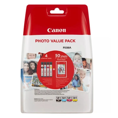 Imagen de Canon Tinta y Papel CLI 581 Pack 4 Cartuchos Originales (x 1 Negro, x Cian, Magenta, Amarillo) + fotográfico 10 15cm (50 Hojas)