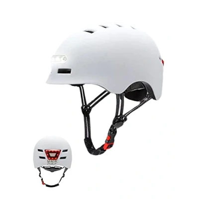 Imagen de Casco de Ciclismo con Luz Trasera Roja + LED Frontal Blanca. MTB, Bicicleta, Patinete. Redondo Scooter Forro Desmontable, Carcasa PC EPS, 14 Respiraderos y Cable USB.