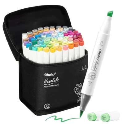 Imagen de Ohuhu 72 Rotuladores artísticos de colores con doble punta para niños, artistas, estudiantes dibujo, ideales dibujar, colorear, caligrafía, subrayar o hacer ilustraciones