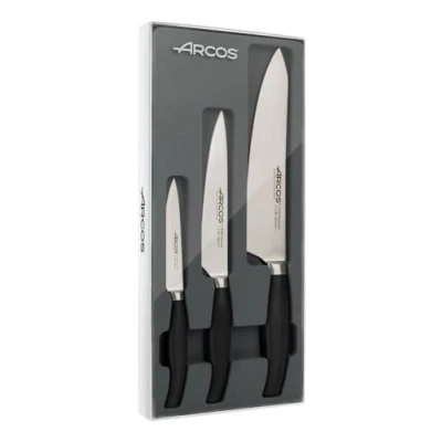 Imagen de Arcos Juego Cuchillos cocina Forjados 3 piezas (Cuchillo pelar + Cuchillo chef). en Acero Inoxidable Nitrum. Mango polipropileno POM. Serie Clara. Color negro.