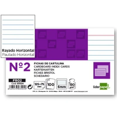 Imagen de Ficha liderpapel rayada nº2 75x125 mm 180g/m2 paquete de 100 unidades
