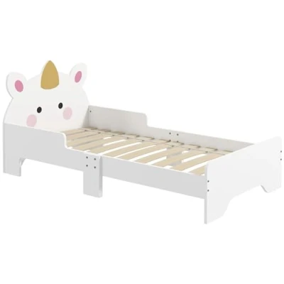 Imagen de ZONEKIZ Cama para Niños de 3 6 Años 143x74x67 cm Infantil Madera en Forma Unicornio Mueble Dormitorio Moderno Carga 80 kg Blanco