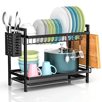 Imagen de Escurreplatos Acero Inoxidable Cocina, Multifunción Escurridor de Platos Desmontable 2 Niveles, para Fregadero con Bandejas Goteo,Soporte Cubiertos Soporte Vaso