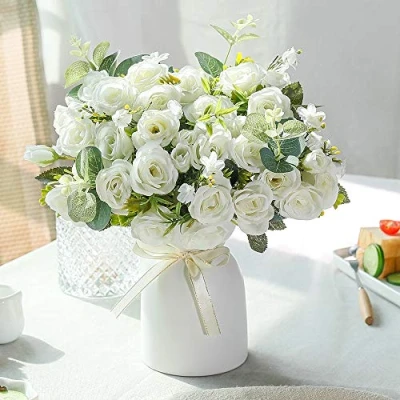 Imagen de LESING Rosas Artificiales de Seda con florero, Flores Falsas, Ramos Boda, arreglo para el hogar, Oficina, Fiesta, Centro Mesa (Blanco)