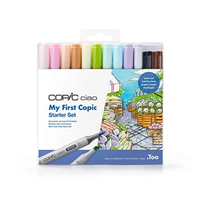 Imagen de COPIC Ciao Set «Mi primer Copic», Starter con 10 rotuladores Twin, 2 Multiliner Negro y Sepia de 0,3 mm, 3 plantillas para colorear 8 hojas papel DIN A6 Premium, guía incluida