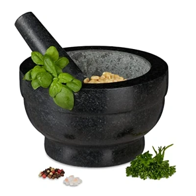 Imagen de Relaxdays Mortero Granito con Mano, Resistente, Duradero, Especias, Moledor Piedra Pulida, 20 cm Ø, 1 L, 5,6 kg, Negro