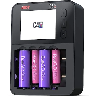 Imagen de ISDT C4 EVO Cargador de batería para pilas AA/AAA NiMH NI Cd iones litio, LiHv y LiFePO4 18650 18700 26650 recargables, carga rápida + Type C QC 3.0