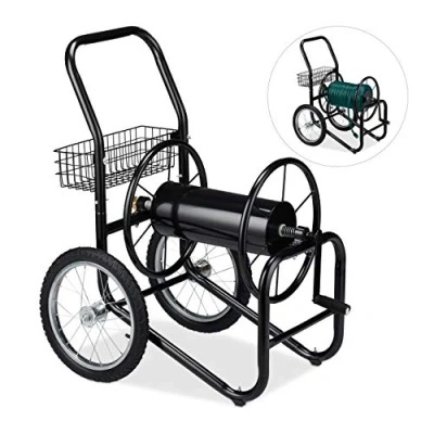 Imagen de relaxdays Carro para Manguera de regar, Carrete portátil Jardín, con 2 Ruedas, hasta 90 m, Metal, 1 Ud., Negro