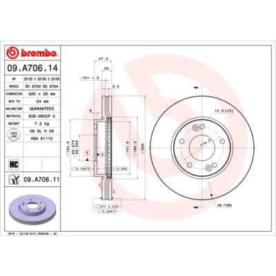 Imagen de BREMBO COATED DISC LINE 09.A706.11 Disco de freno 280 26 5 ventilación interna revestido altamente carbonizado KIA: CARENS 3, 2