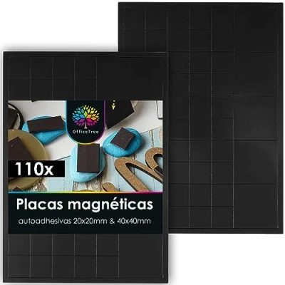 Imagen de OfficeTree 110 Placas Magneticas Imanes Pegatina 100 x 20x20 mm más 10 40x40 Autoadhesivos Laminas de Iman en Negro para Fotos o Papel