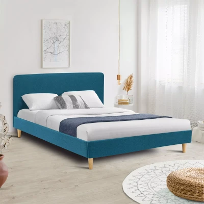 Imagen de IDMarket Balta Cama doble escandinava con cabecera y somier de 140 x 190 cm, tejido azul pato