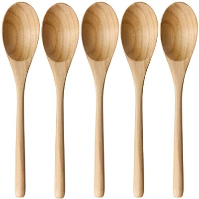 Imagen de AOOSY Cuchara de madera, 5 piezas utensilios cocina estilo Janpanese con mango largo, juego cucharas sopa madera Hemu para comer, mezclar, revolver, cocinar caja