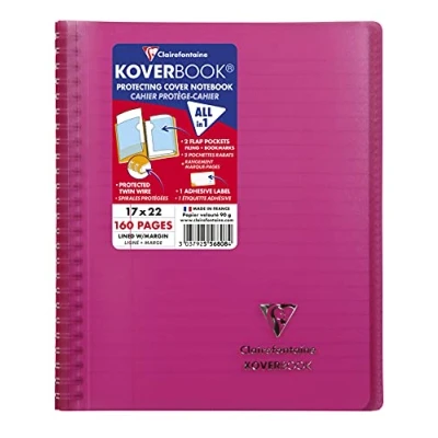 Imagen de Clairefontaine 556808C Cuaderno de espiral Koverbook rosa, 17 x 22 cm, 160 páginas a rayas con margen, papel blanco 90 g, cubierta poliuretano