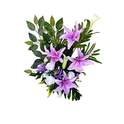 Imagen de DRW Jarron Flores Artificiales para Botes o jarrones de sepulturas nichos Cementerio, Santos, Aniversarios pie Morado Malva y Blanco (Jarron 70x58x20 cm)