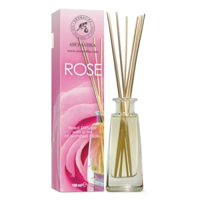 Imagen de Ambientador de Rosas 100ml con 10 Palitos Bambú Puro Difusor Varillas para Cocina y Baño Hogares Oficinas Restaurantes Aromaterapia