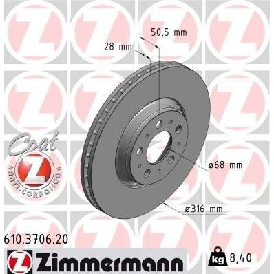 Imagen de ZIMMERMANN COAT Z 610.3706.20 Disco de freno 316 28 10/5 5 108 ventilación externa revestido VOLVO: S60 I, XC90 V70 2